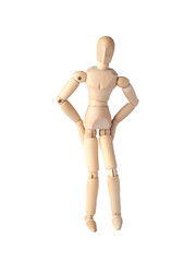 A Wooden dummy with hands on the belt, standing confidently. A Poseable figure and Articulated mannequin capture a moment of strength and poise, perfect for artists and creating dynamic,