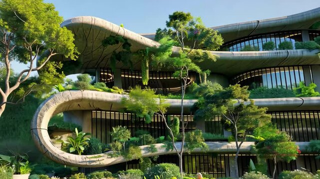 A stunning modern architectural structure integrated with nature stands amidst vibrant foliage, showcasing innovative design and harmonious landscaping in bright daylight.