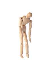 A Wooden dummy in despair, with folded arms. A Poseable figure and Articulated mannequin capture a moment of inner turmoil, perfect for artists and creating expressive, emotional sketches.