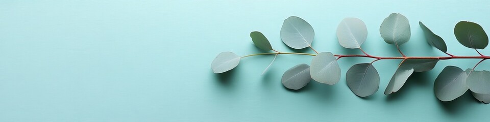 Eucalyptus Branch with Fresh Leaves on Blue Background, Minimalist Design with Copy Space