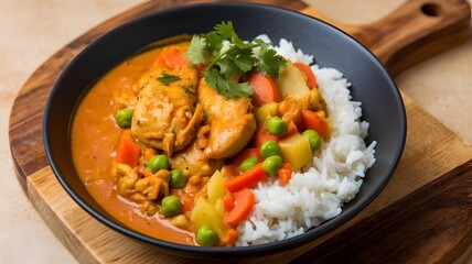 A photo of a rich curry bowl with chicken, potatoes, and carrots, garnished with lime and onions.