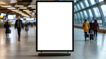 Blank billboard mockup in airport terminal. walk around. Modern design empty advert space. Urban hall in big city station. Interior view of building. Travel business concept. Empty poster