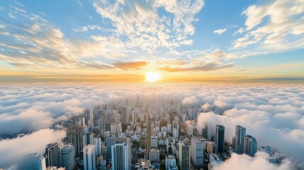 Fototapeta premium Urban Dawn, a vibrant city awakening as the sun rises, illuminating the skyline with warm hues and soft clouds blending in the sky