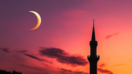 Minaret Silhouette Under a Crescent Moon and Colorful Sunset Sky