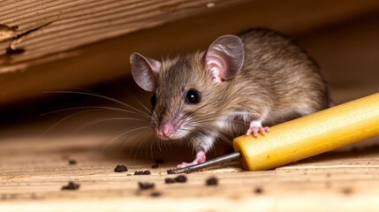 Close up view of rat droppings exterminator tools in attic. Rodent visible. Tools traps positioned for infestation treatment. Rat control hygiene evident. Prevention of damage removal