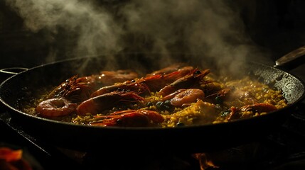 Moody, high-contrast shot of paella in dramatic lighting, emphasizing texture and depth
