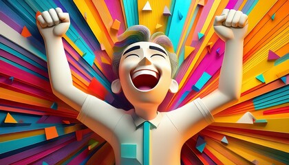 An excited 3D cartoon character is celebrating a victory with hands in the air. This joyful illustration represents success, achievement, and pure happiness. Perfect for conveying positive emotions.


