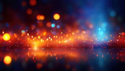 Fototapeta premium vibrant abstract bokeh with fiery orange and cool blue lights, glowing sparkles on reflective surface, perfect for digital art, wallpaper, background, and creative design