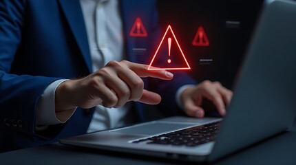 Businessman using laptop malware attack and data breach,virus on warning showcasing digital alerts and the pivotal role of cybersecurity vigilance in the workplace