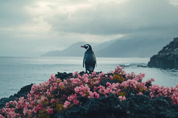 Solitary Magellanic penguin braving a stormy shoreline under brooding skies near the crashing surf generative AI creation
