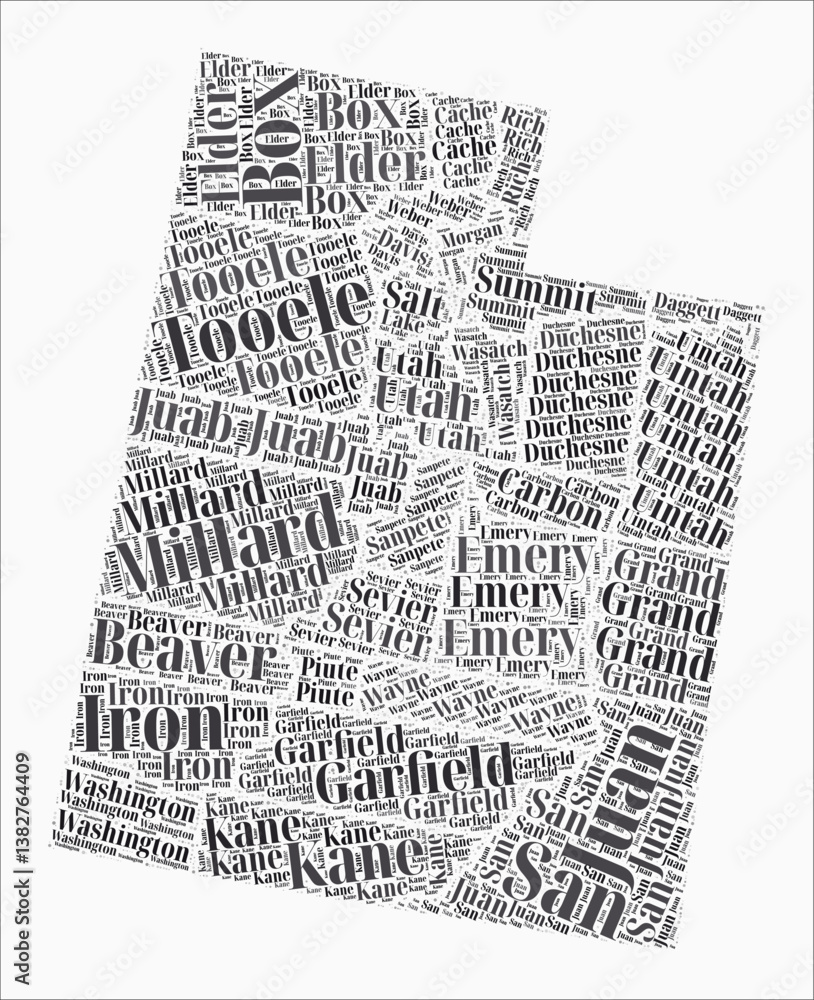 Poster utah text style counties. state region names word clouds in english language. classy vector illustra