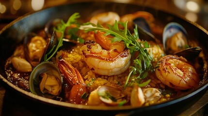 Seafood paella in a cast iron pan, shrimp and clams beautifully arranged, deep golden lighting emphasizing textures
