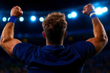 Raucous stadium crowd cheers on rugby championship match as triumphant in navy blue t shirt raises his arms in celebration capturing electric atmosphere of competition and sportsmanship.