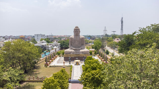  Aerial view of great buddha statue near mahabodhi temple in bodh gaya, bihar state of India