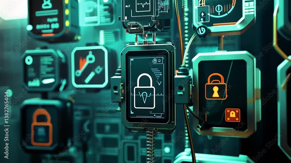 Poster futuristic data center servers are being monitored and protected by a cyber security system, ensurin
