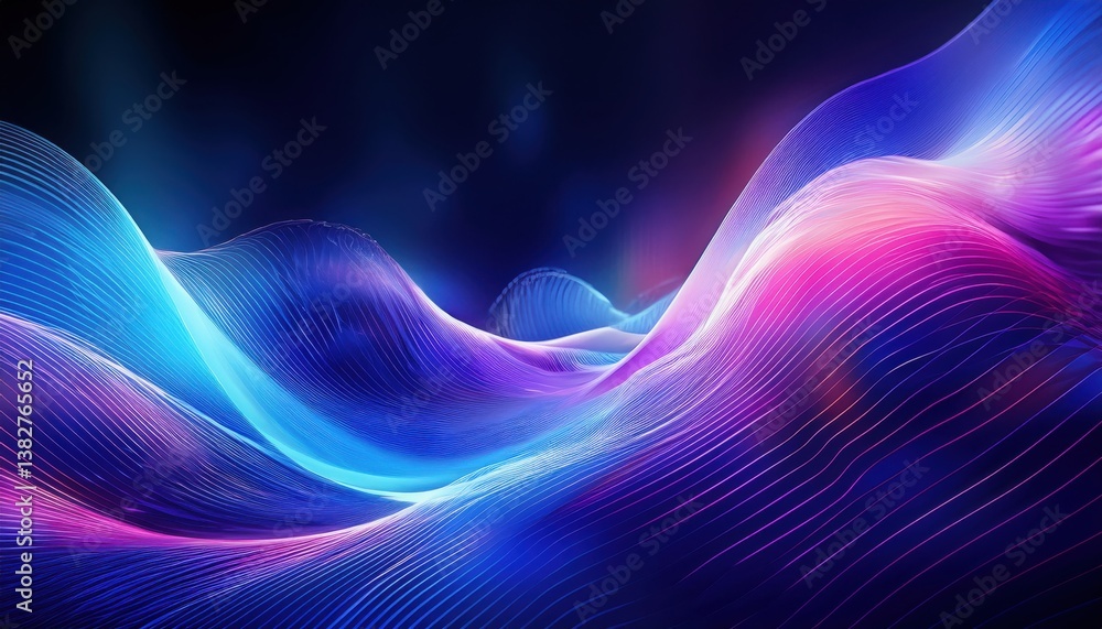 Poster futuristic neon wave landscape with glowing abstract lines, digital light art background for technol