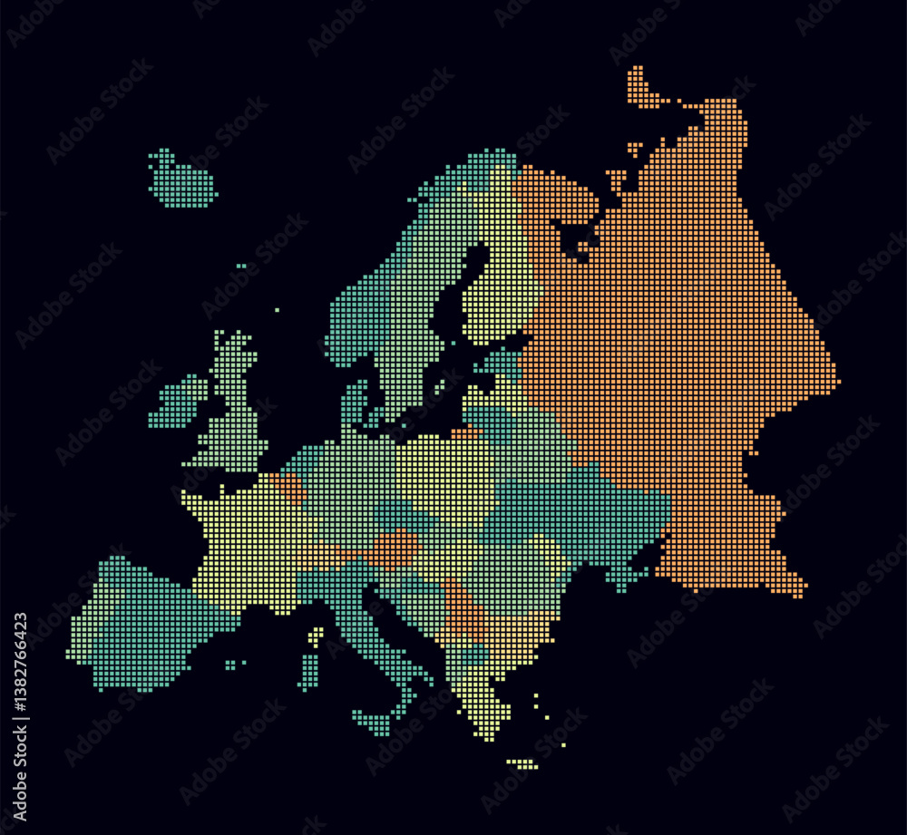 Poster europe dotted map. digital style map of the continent on dark background. europe shape with square d