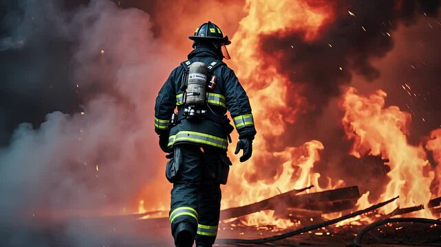 Brave firefighter in full gear walking toward massive flames at burning structure during emergency rescue operation

