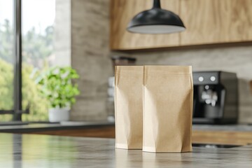 Blank craft paper coffee bags on a kitchen counter, photorealistic style