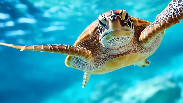 Underwater close-up of a sea turtle swimming.
