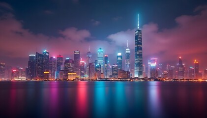 Obraz premium Vibrant Neon Cityscape Reflecting on Calm Water under cloudy sky Futuristic and Technological feel