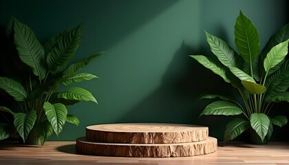 Two-Level Wooden Podium for Product Display with Green Plants & Light in the Background
