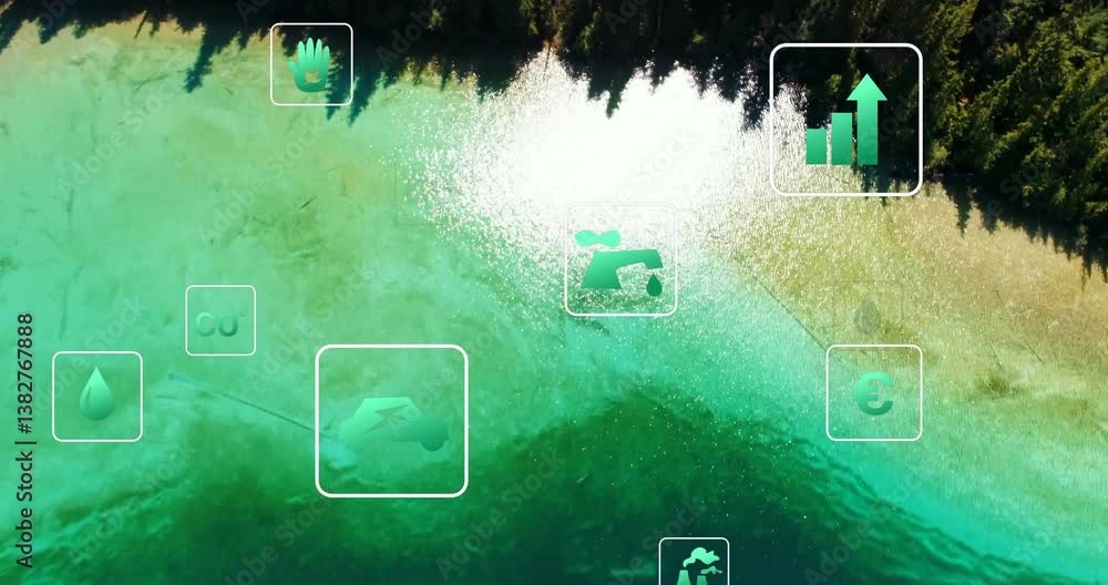 Poster environmental icons and data processing animation over serene forest and lake scene