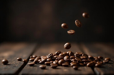 Coffee beans falling on a wooden table