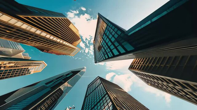Tall buildings stretch upward, showcasing striking glass fa&Atilde;&sect;ades as clouds drift by in a bright blue sky, highlighting the architectural beauty of the city.
