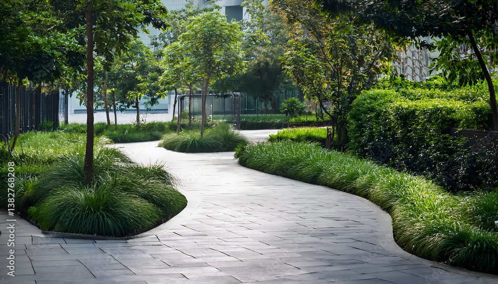 Poster winding pathway surrounded by lush greenery and trees in a serene outdoor setting