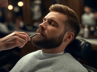 Man bearded client receives trimming at barbershop professional facial grooming service classic setting