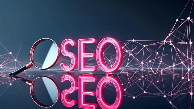 SEO text in glowing pink letters with magnifying glass and digital network connections on dark reflective surface

