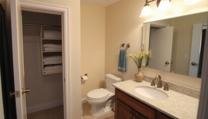 Bright Beige Bathroom Interior Design with Granite Vanity