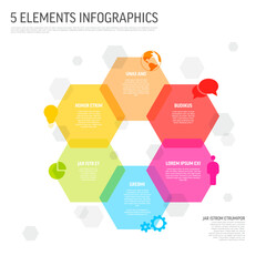 This infographic features five vibrant hexagonal elements in yellow, red, green, blue, and pink. Each section is paired with icons and text, ideal for data visualization layouts.