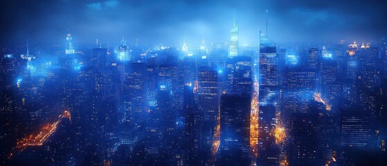 Futuristic Cityscape at Night: A Stunning Aerial View of a Metropolis Illuminated in Blue and Orange Hues