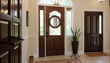 Bright Entryway with Two Dark Brown Wooden Doors and Potted Plant