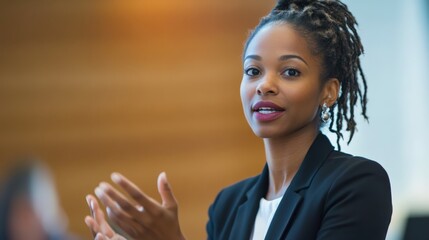 A professional woman speaks with her hands during presentation
