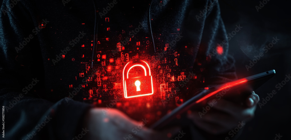 Poster hacker in a black hoodie with a digital padlock and code on a dark background, a security concept.