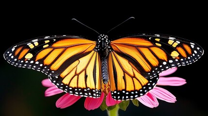 Fototapeta premium Monarch butterfly perched on a pink flower against a black background.