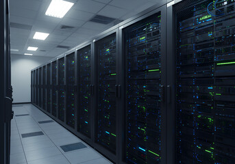 Data center server room with blue LED lighting