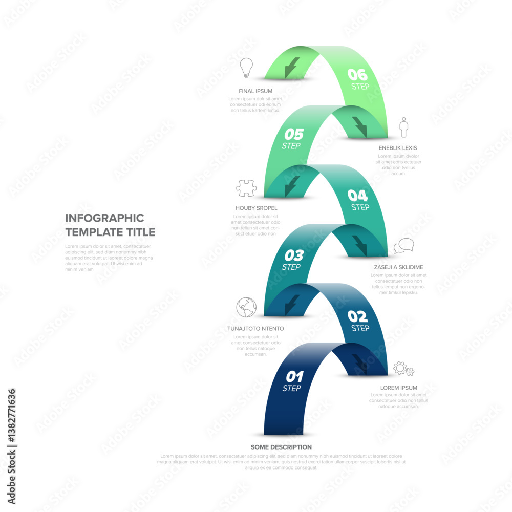 Poster a colorful six-step infographic with a gradient ribbon design and icons paired with text. ideal for 