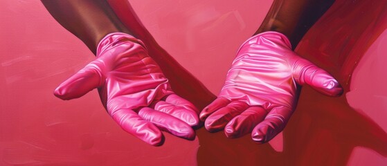 Hands in pink gloves on pink material background creating abstract background. Suitable for design related to fashion, style, creativity.