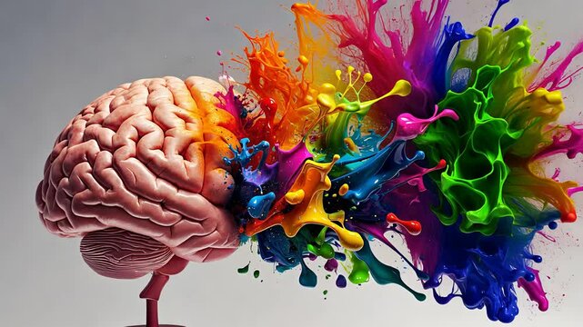 Human brain with vivid multicolor paint splashes bursting from one side, blending creativity and science in motion


