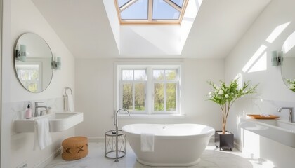 Bright White Modern Bathroom Interior With Freestanding Tub And Skylight