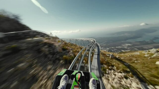 Ride on alpine coaster in Montenegro, first person view in summer sunny day. 