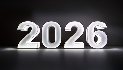 minimalist illuminated 2026 typography on black background, futuristic glowing white numbers, modern new year celebration design


