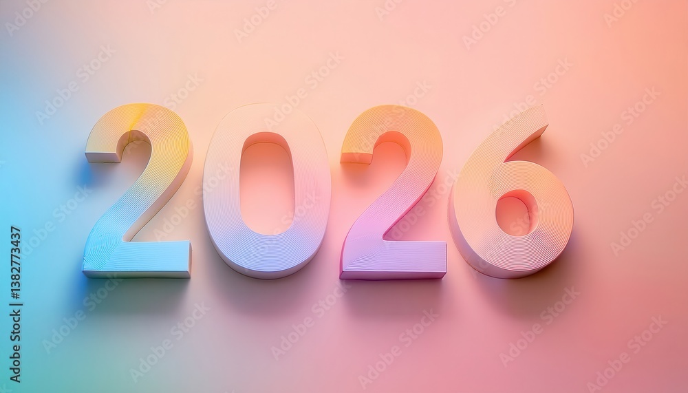 Poster modern pastel 2026 typography on soft gradient background, 3d paper cutout effect, stylish design fo
