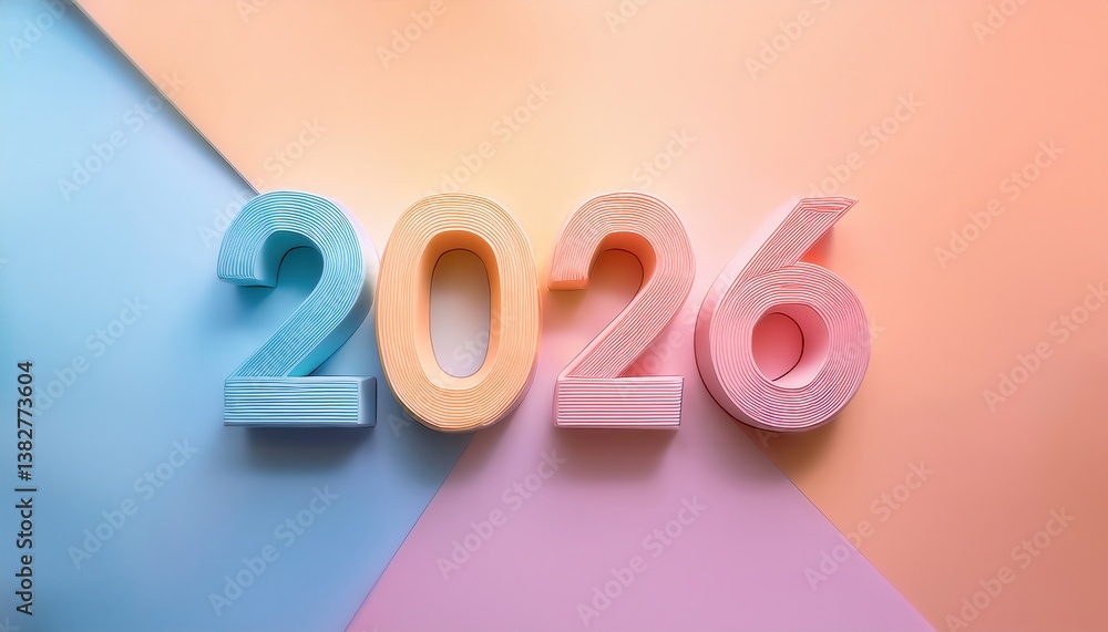 Aufkleber modern pastel 2026 typography on soft gradient background, 3d paper cutout effect, stylish design fo