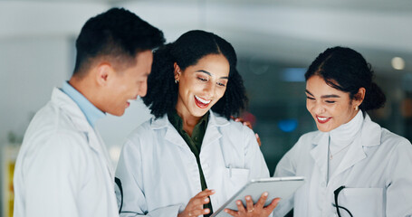 Tablet, medical and scientists in laboratory at night for research with pharmaceutical discovery....