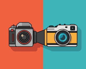 Fototapeta premium Retro Camera Duo: Flat Design Photography Icons on Split Teal and Coral Background